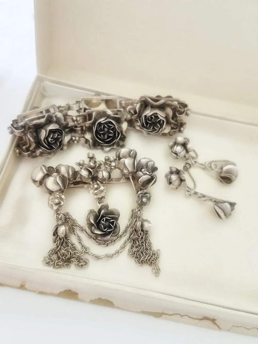 Vintage 1940s Sterling Hobe Rose Floral Bracelet Earring and Brooch Set